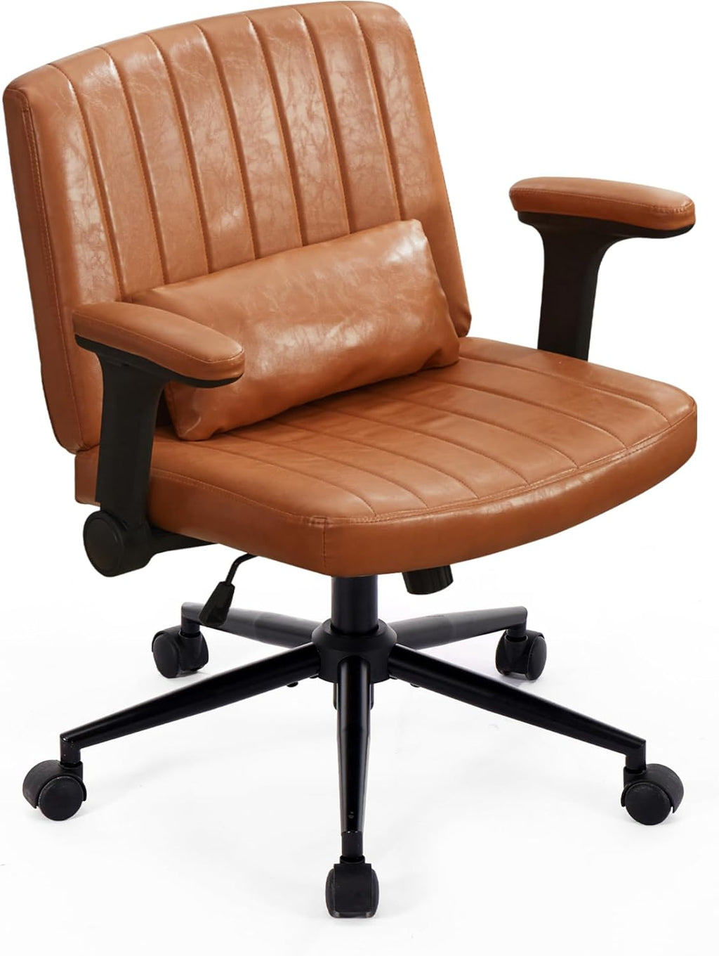 TUNYI Criss Cross Chair with Flip-Up Arms Wide Cross Legged Office Desk Chair Swivel Height Adjustable Computer Task Vanity Chair with Pillow/Wheels for Home Office, Dressing Room (Brown)