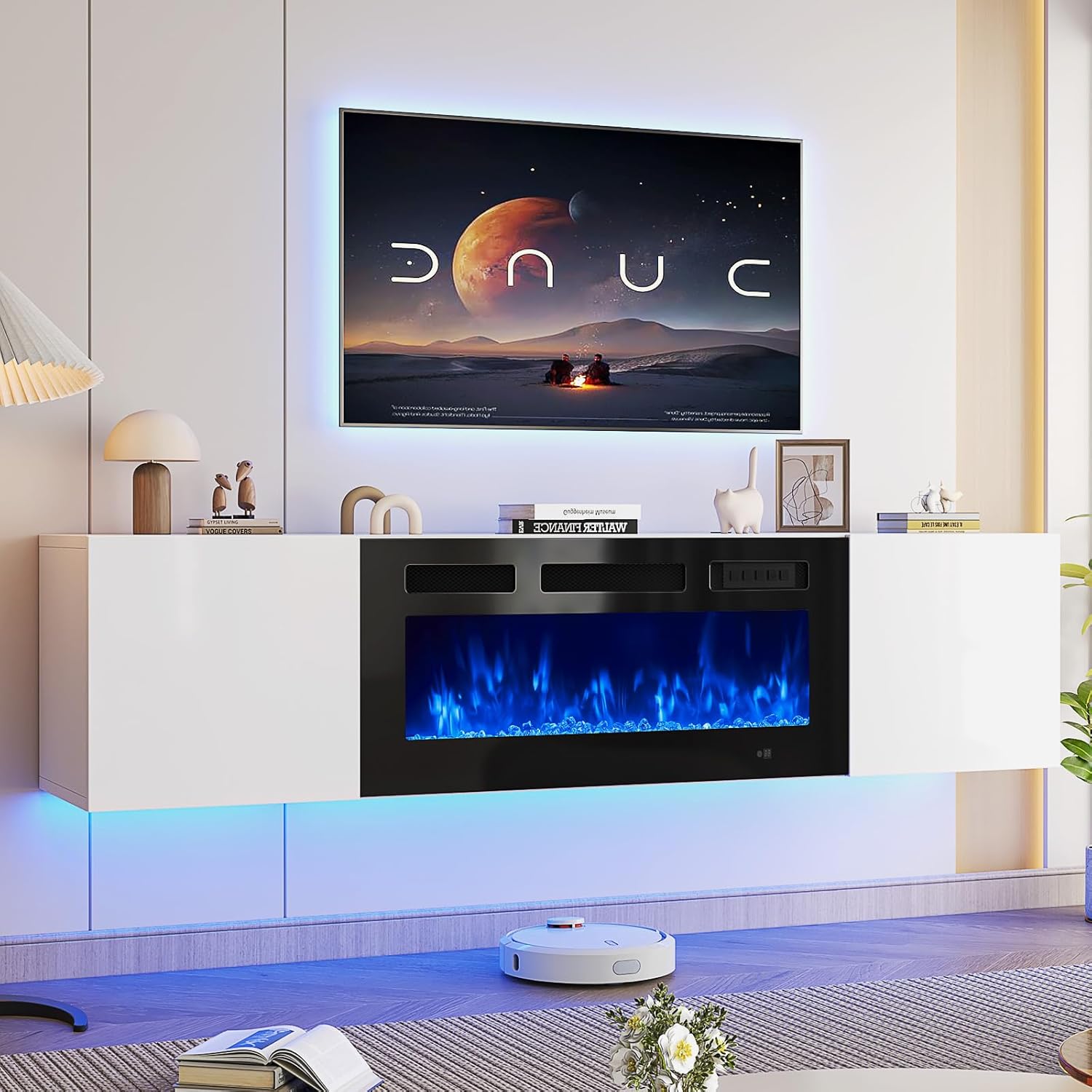 oneinmil 70" Floating TV Stand with 36" Electric Fireplace, Wall Mounted Fireplace Entertainment Center with Storage, Fire Place TV Console for Living Room, All Black