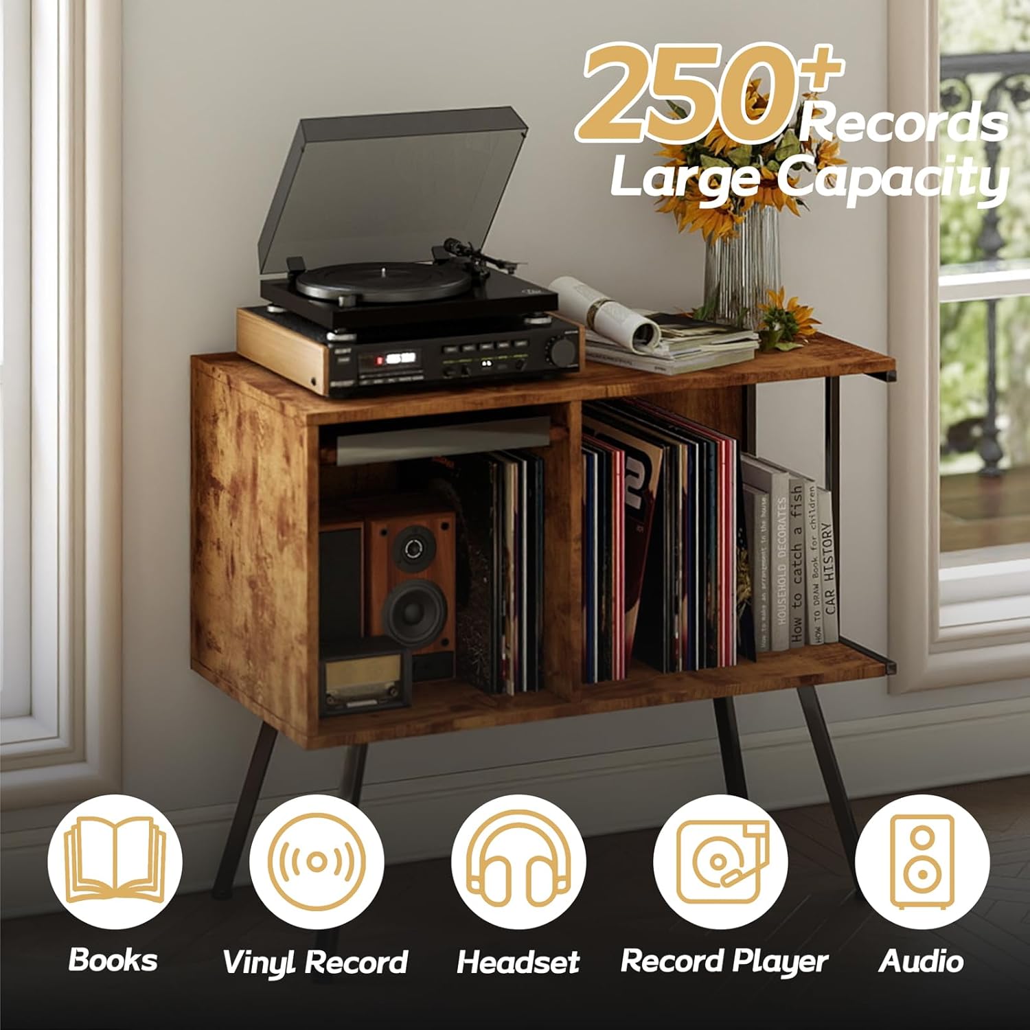 Flip Top Record Player Stand, Large Record Player Cabinet Holds up to 250+ Albums, Mid-Century Turntable Table with Open Storage, Vinyl Record Storage Display Shelf for Living Room, Bedroom, Vintage