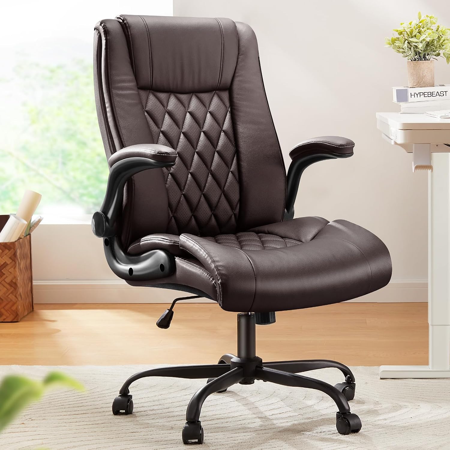 Marsail Executive Office Chair with Flip-up Armrests,PU Leather Ergonomic Desk Chair Height-Adjustable Swivel Rolling Computer Desk Chair,Black