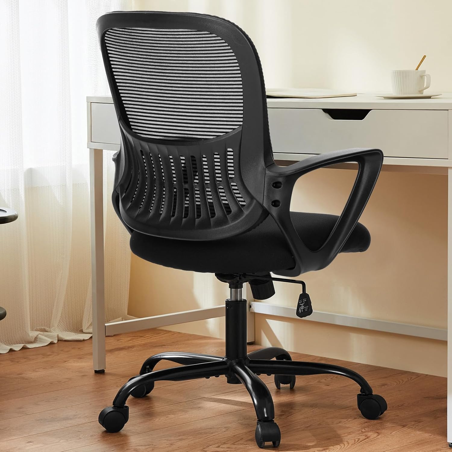 Sweetcrispy Office Computer Desk Chair, Ergonomic Mid-Back Mesh Rolling Work Swivel Task Chairs with Wheels, Comfortable Lumbar Support, Comfy Flip-up Arms for Home, Bedroom, Study, Student, Black