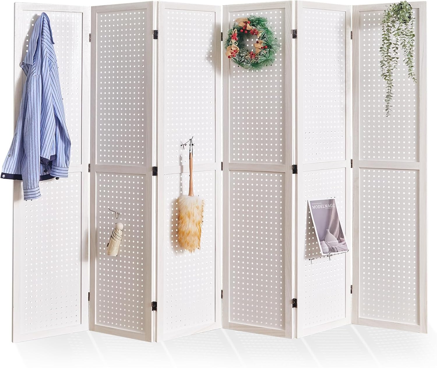 Pegboard Display, 5.6Ft Portable Freestanding Wall Organizer Wooden Room Divider Folding Privacy Screens for Craft Art Display Board (6panels, Natural)
