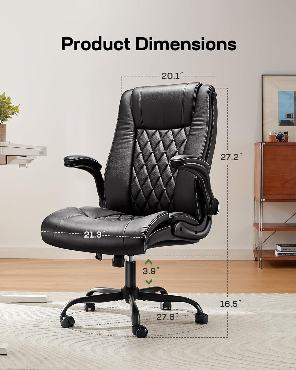Marsail Executive Office Chair with Flip-up Armrests,PU Leather Ergonomic Desk Chair Height-Adjustable Swivel Rolling Computer Desk Chair,Black