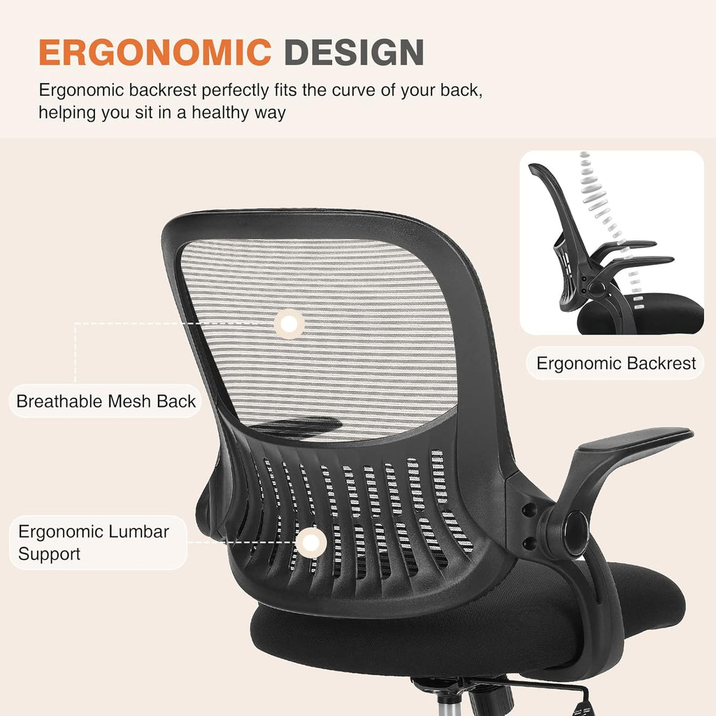 Sweetcrispy Office Computer Desk Chair, Ergonomic Mid-Back Mesh Rolling Work Swivel Task Chairs with Wheels, Comfortable Lumbar Support, Comfy Flip-up Arms for Home, Bedroom, Study, Student, Black
