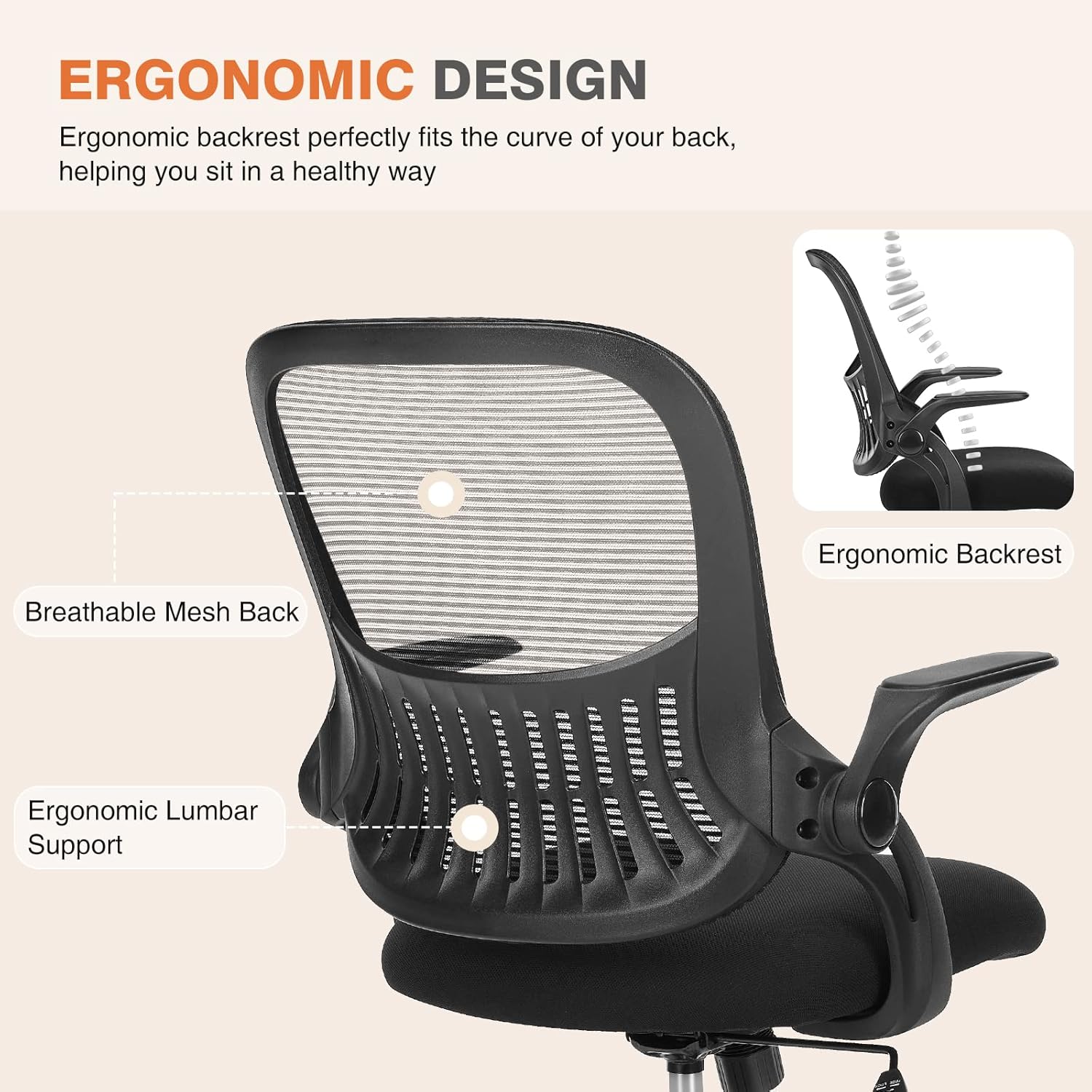 Sweetcrispy Office Computer Desk Chair, Ergonomic Mid-Back Mesh Rolling Work Swivel Task Chairs with Wheels, Comfortable Lumbar Support, Comfy Flip-up Arms for Home, Bedroom, Study, Student, Black