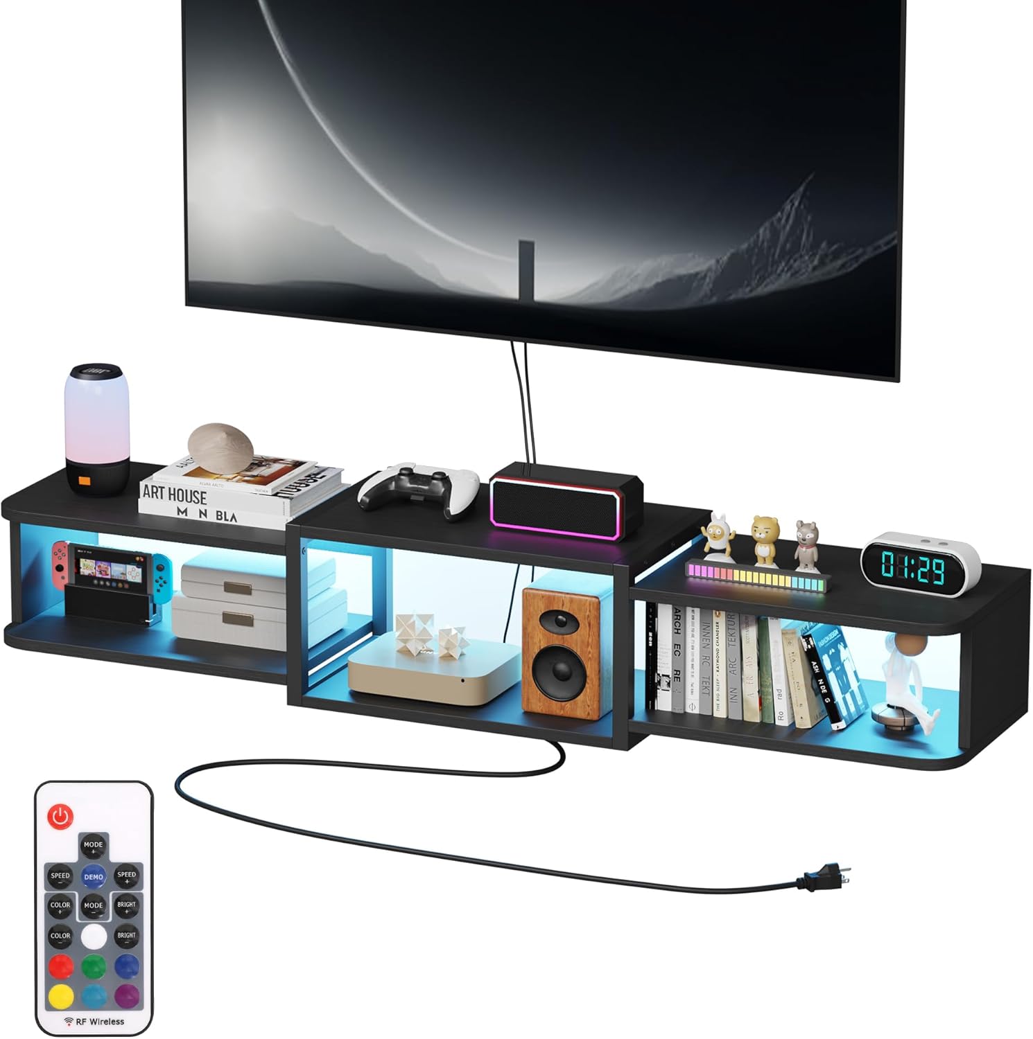 47.2'' Wall-Mounted Floating TV Stand with LED Lighting, Modern Wooden Media Console Shelf Featuring Built-in USB Ports and Electrical Outlets. Under-TV Storage for Living Room, Bedroom