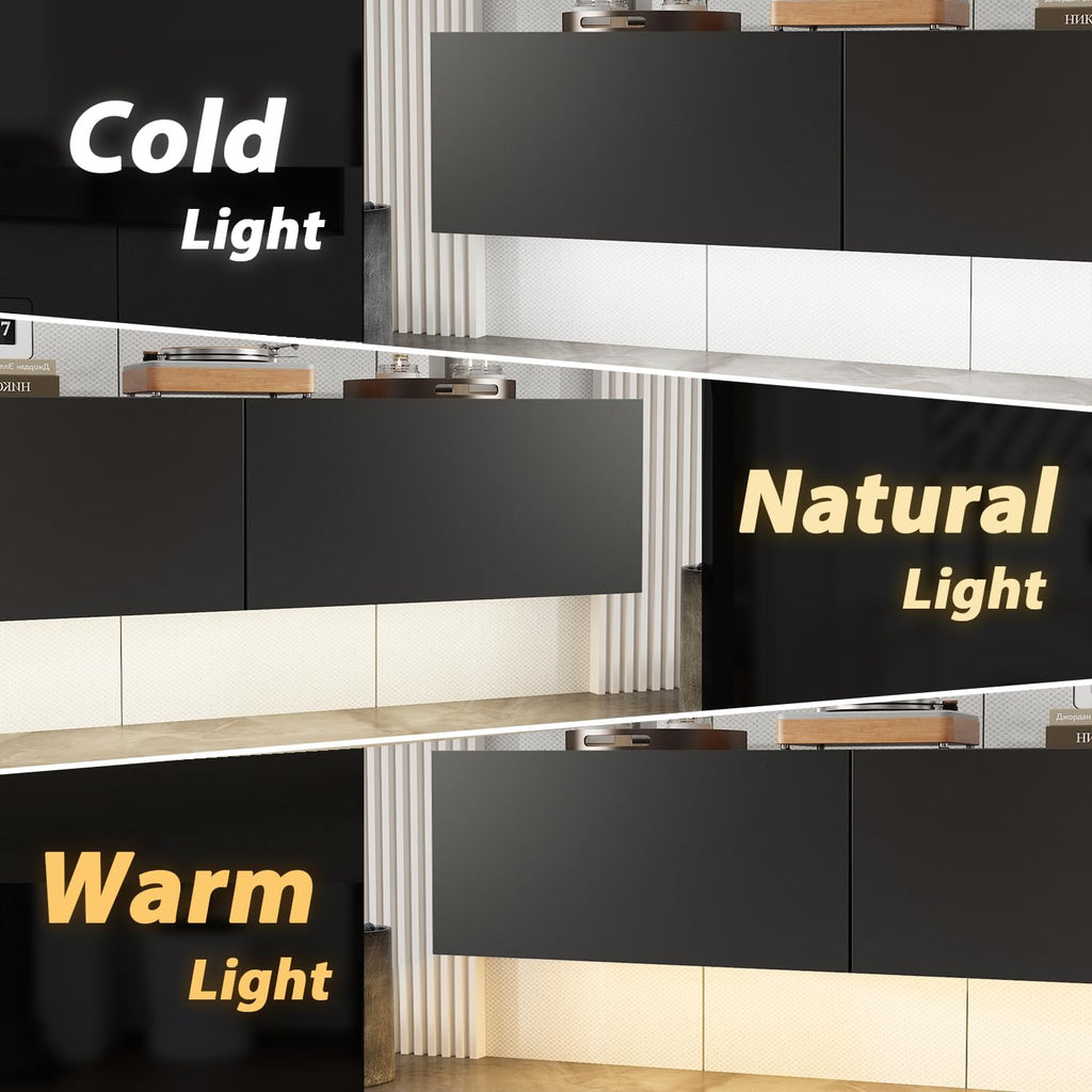 63” Floating TV Stand High Gloss TV Console with LED Lights, Wall Mount TV Console Table with 3 High Gloss Drawers, Floating Media Console for Living Room, Black, 13.8”D x 63”W x 9.8”H