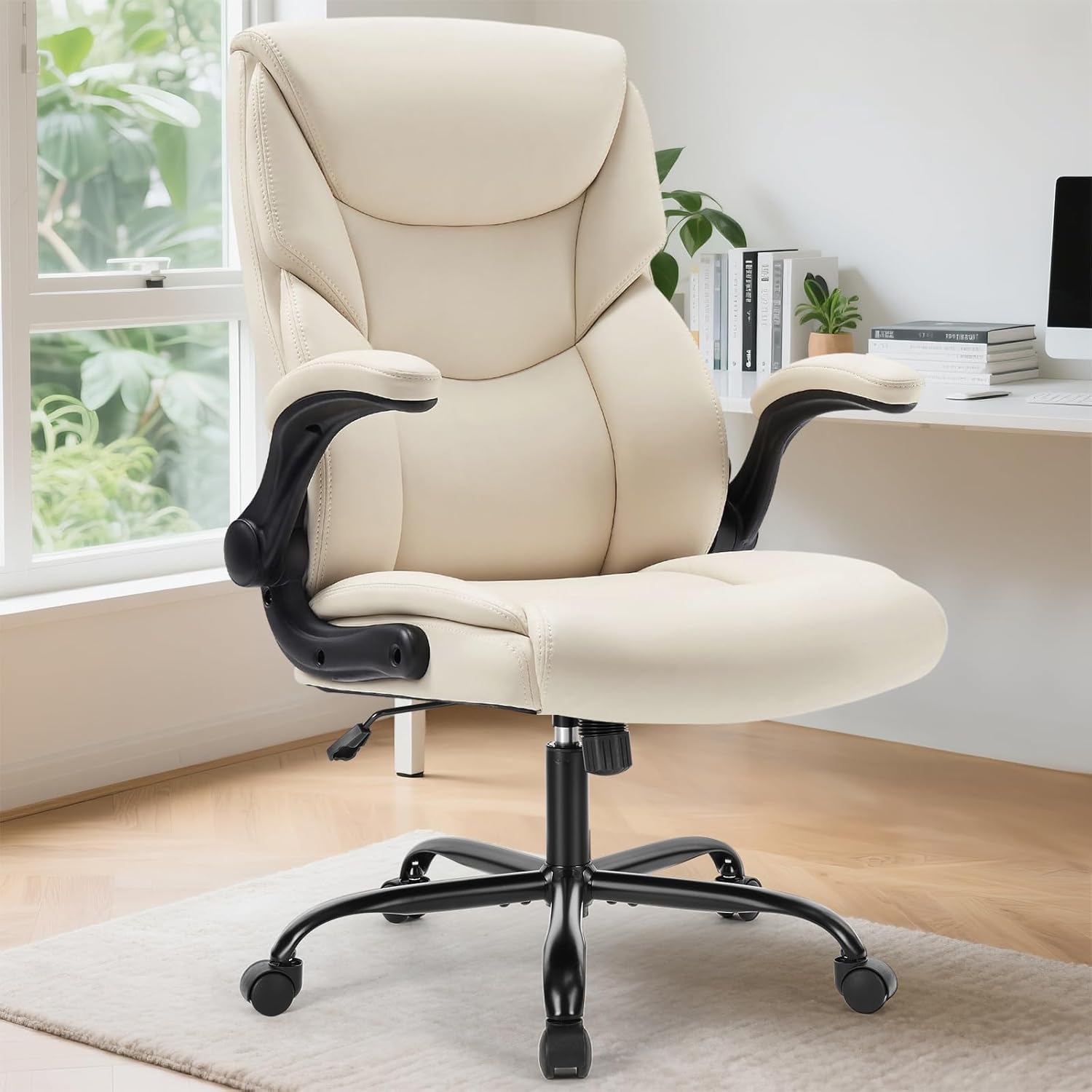 Sweetcrispy Ergonomic Office Chair Heavy Duty Task Desk Chair with Flip-up Arms, PU Leather, Adjustable Swivel Rolling Chair with Wheels, Beige