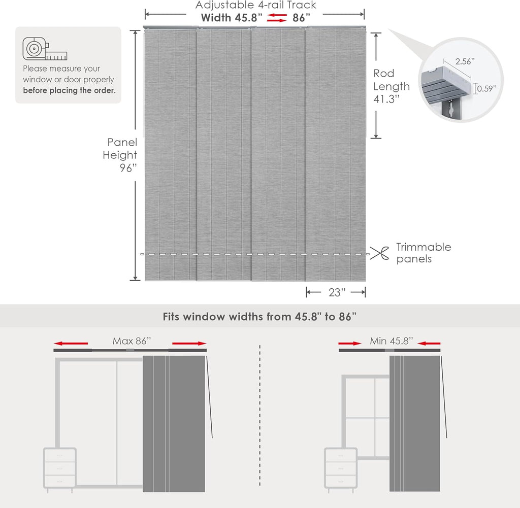 GoDear Design Adjustable Sliding Panel Hanging Room Dividers 45.8"- 86" W x 96" H, Extendable Vertical Blinds for Sliding Glass Doors, Closet Door Blinds Trimmable Fabric Panel Curtain Shades, Airo