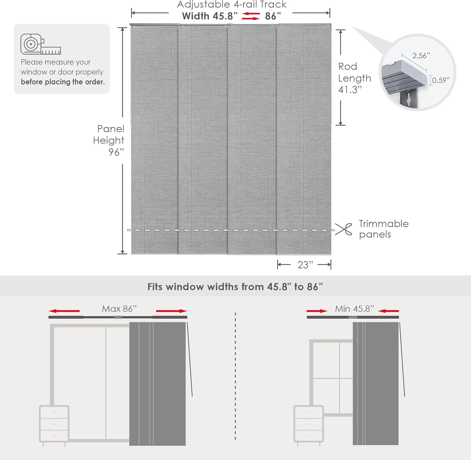 GoDear Design Adjustable Sliding Panel Hanging Room Dividers 45.8"- 86" W x 96" H, Extendable Vertical Blinds for Sliding Glass Doors, Closet Door Blinds Trimmable Fabric Panel Curtain Shades, Airo