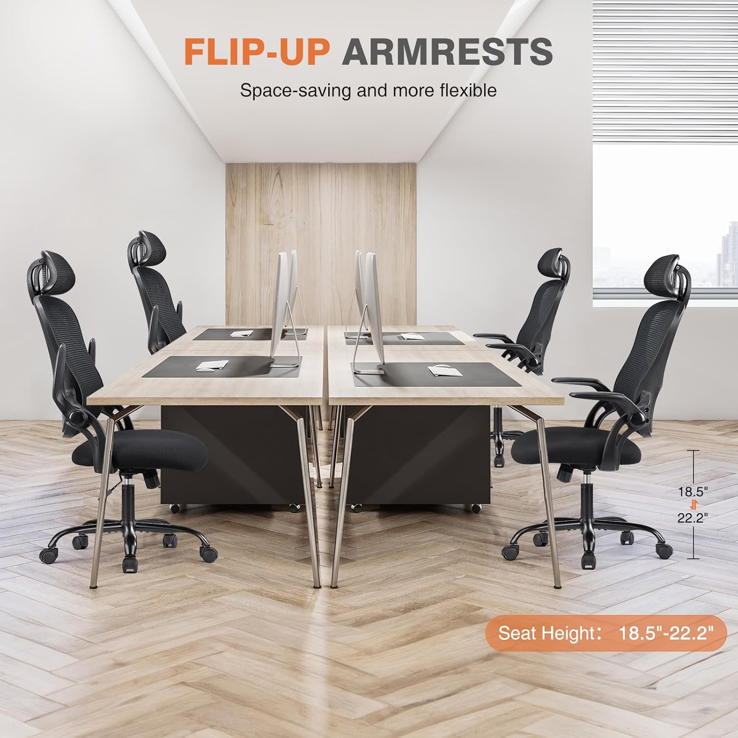 Sweetcrispy Office Computer Desk Chair, Ergonomic High-Back Mesh Rolling Work Chairs with Wheels and Adjustable Headrests, Comfortable Lumbar Support, Comfy Flip-up Arms for Home,Bedroom,Study, Black