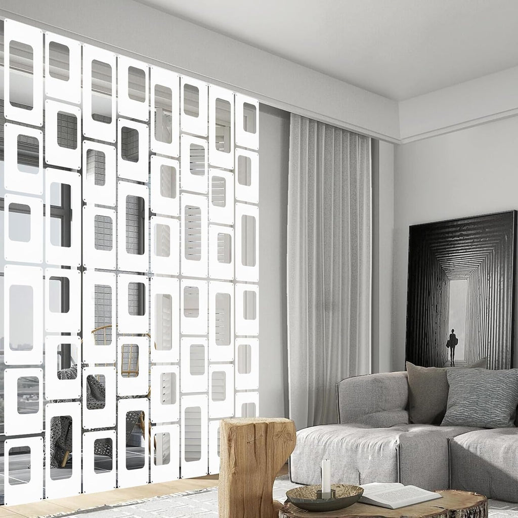 ANMINY 48 PCS Hanging Room Divider Decorative Thick Wall Privacy Screen Panels Set Modern Geometric Pattern Hollow Out Design for Bedroom Living Dining Room Kitchen Office Restaurant Decor - White
