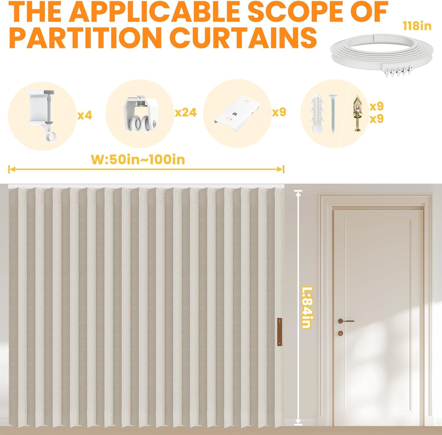 AJAZZ 100% Blackout Room Divider Curtains Screen Partitions, Blackout Sound Reducing Divider Room Panel for Doorway Glass Window Sliding Door Patio(Cream White, W100 x L84, 1 Pack)