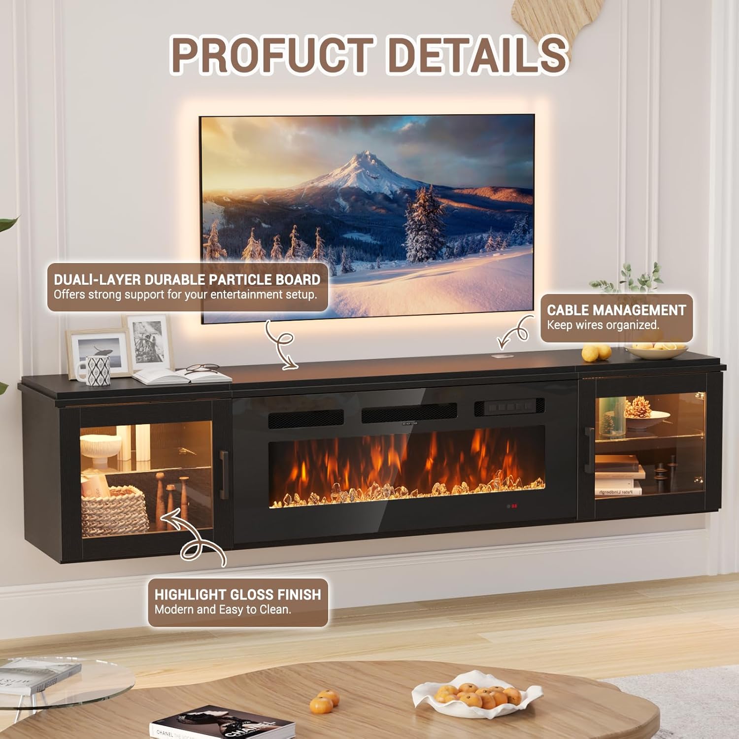 70" Floating TV Stand with 36" Electric Fireplace, High Gloss Finish Wall Mounted Fireplace Entertainment Center with Storage for TVs Up to 80", Black TV Stand and Black Fireplace