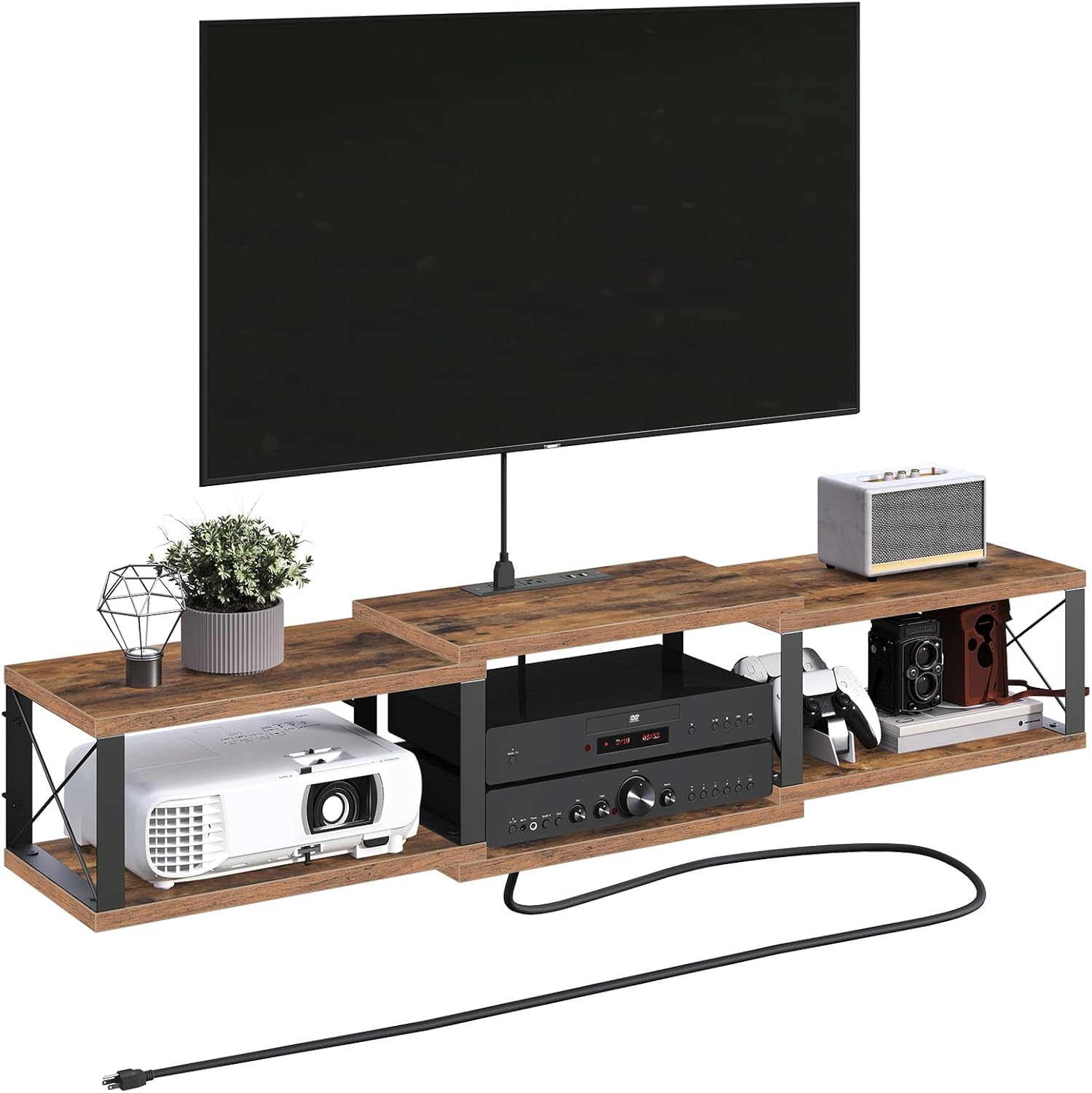Floating TV Stand with Power Outlet, Wall-Mounted Entertainment Center with Storage, Floating Metal Frame Media Console Shelf for Under TV Storage, for Living Room, Bedroom, Black TVHB101E01