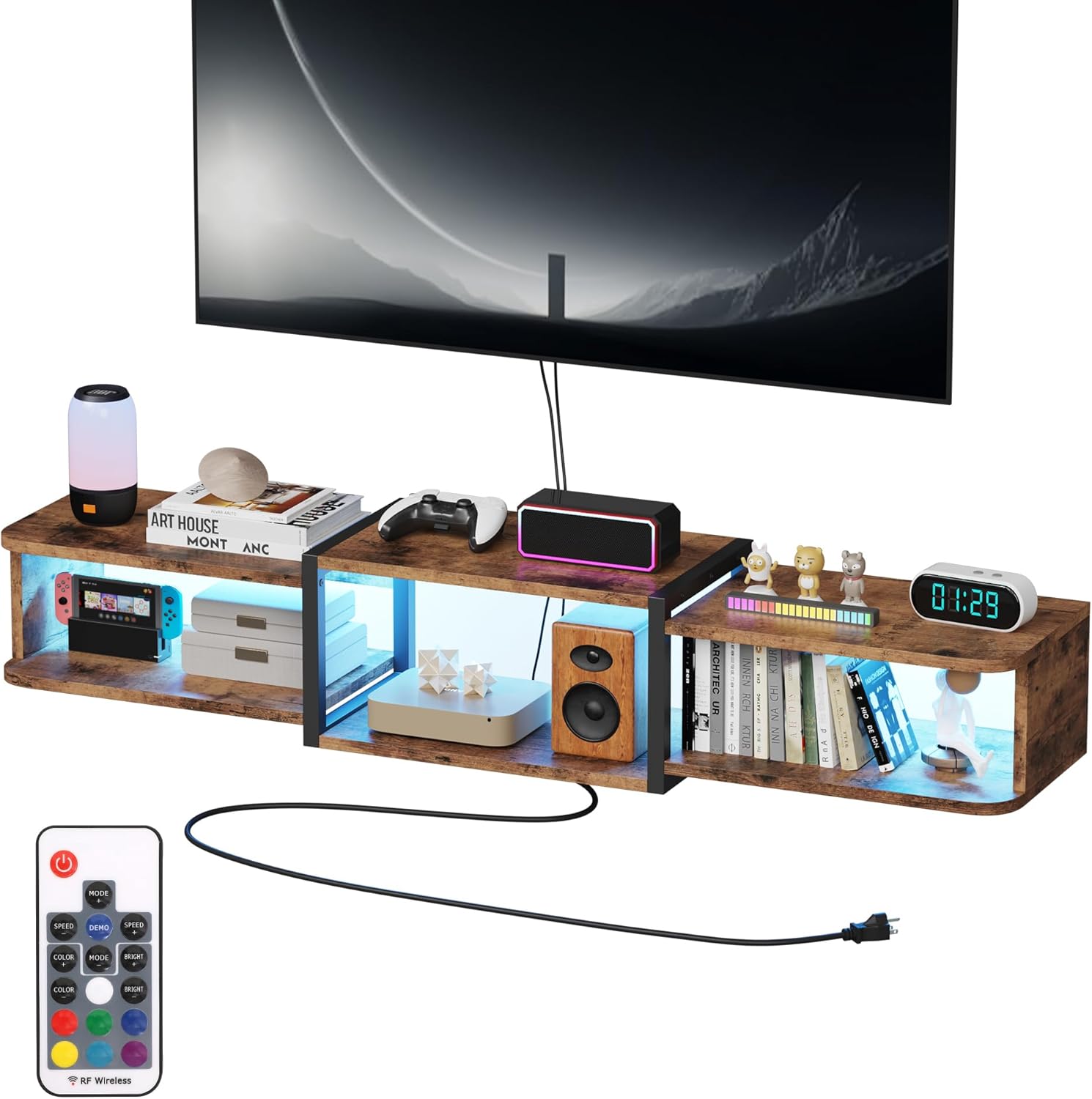 47.2'' Wall-Mounted Floating TV Stand with LED Lighting, Modern Wooden Media Console Shelf Featuring Built-in USB Ports and Electrical Outlets. Under-TV Storage for Living Room, Bedroom