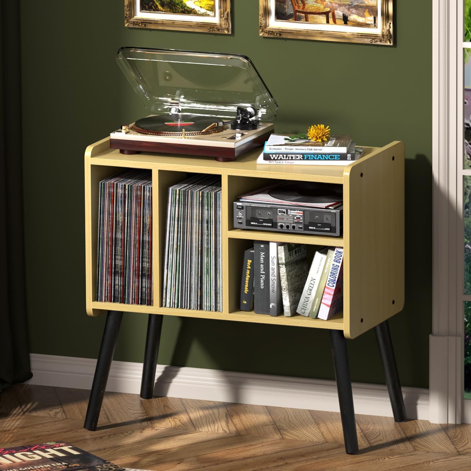Record Player Table, Mid-Century Record Player Stand with Vinyl Storage Hold Up to 150+ Albums, Vinyl Record Cabinet with Adjustable Shelves, Wood Turntable Stand for Music Living Room (Oak)