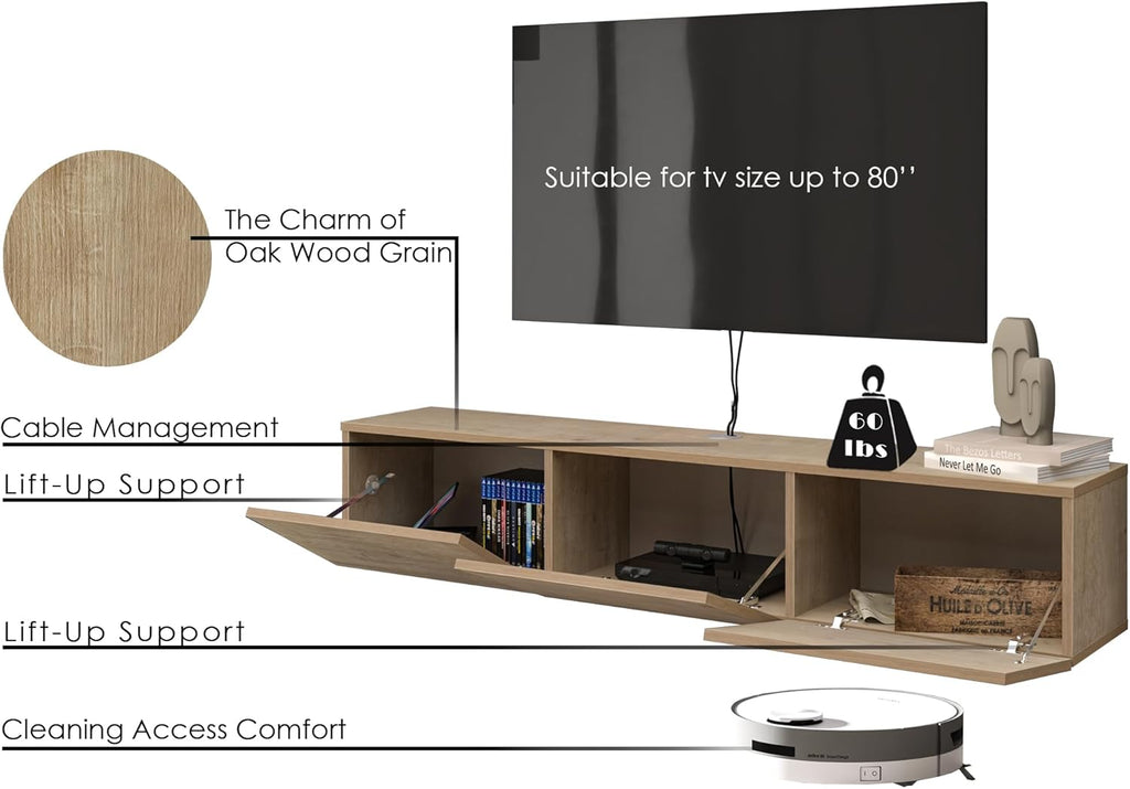 Atelier Mobili TV Stands for Living Room, TV Stand up to 75 inch TV, Floating TV Stand Wall Mounted, Floating Entertainment Center, Floating Shelf for Under TV, Oak Entertainment Center
