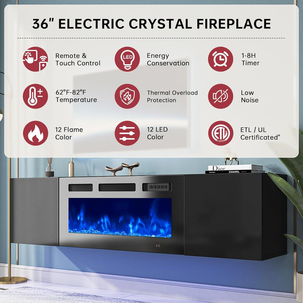 oneinmil 70" Floating TV Stand with 36" Electric Fireplace, Wall Mounted Fireplace Entertainment Center with Storage, Fire Place TV Console for Living Room, All Black