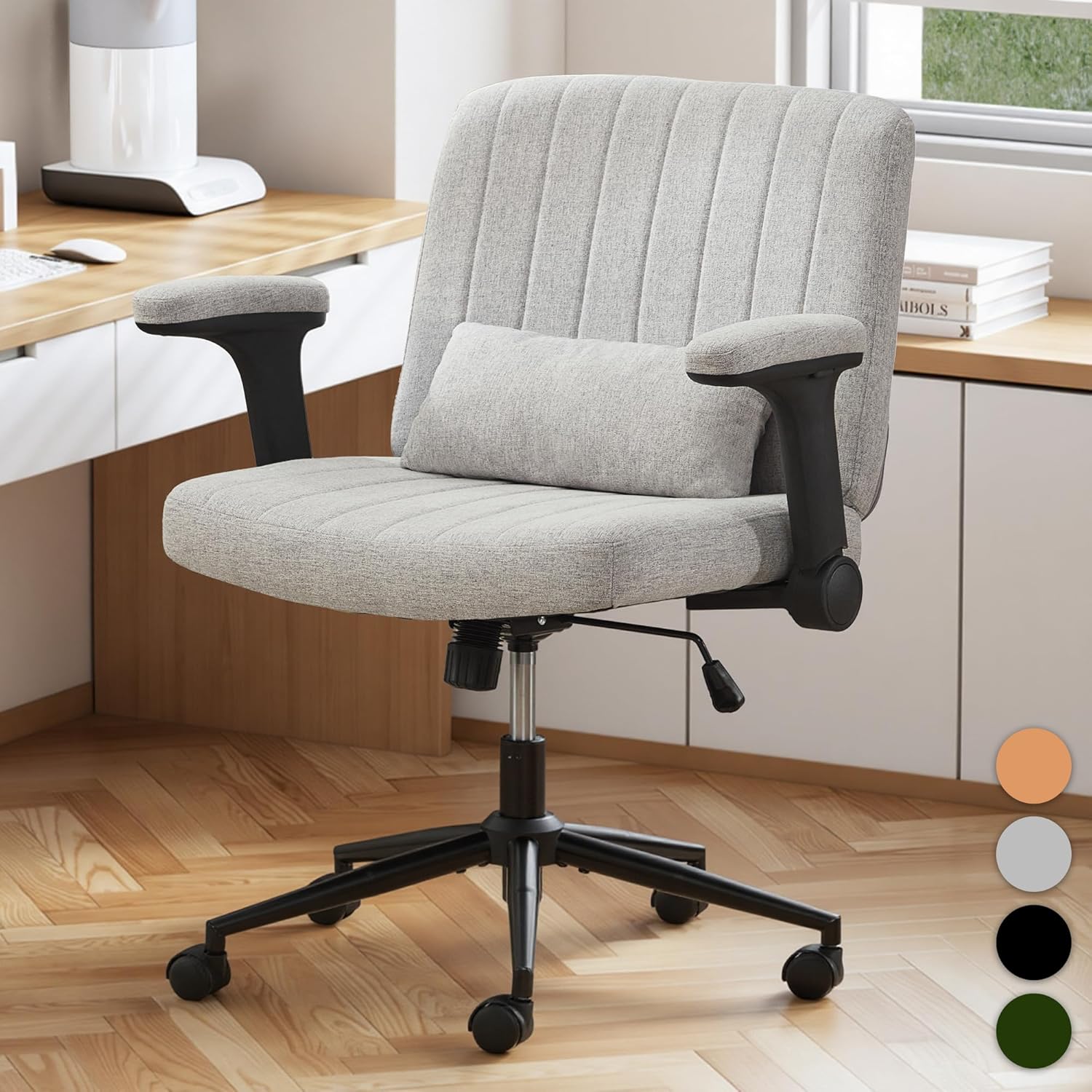 TUNYI Criss Cross Chair with Flip-Up Arms Wide Cross Legged Office Desk Chair Swivel Height Adjustable Computer Task Vanity Chair with Pillow/Wheels for Home Office, Dressing Room (Brown)