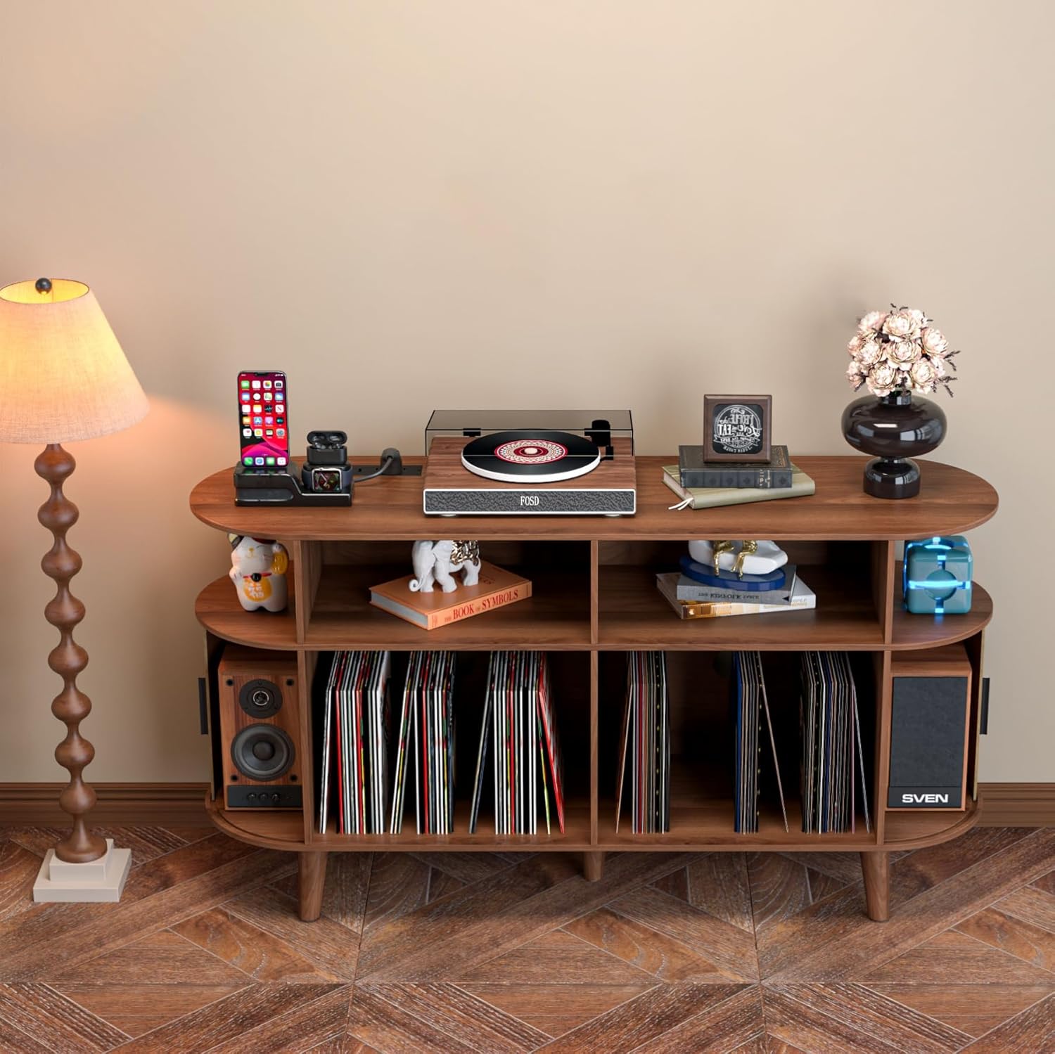 Large Round Record Player Stand with Charging Station & USB Ports，Record Storage Cabinet, Mid Century Modern Turntable Stand for Bedroom Living Room (Walnut)