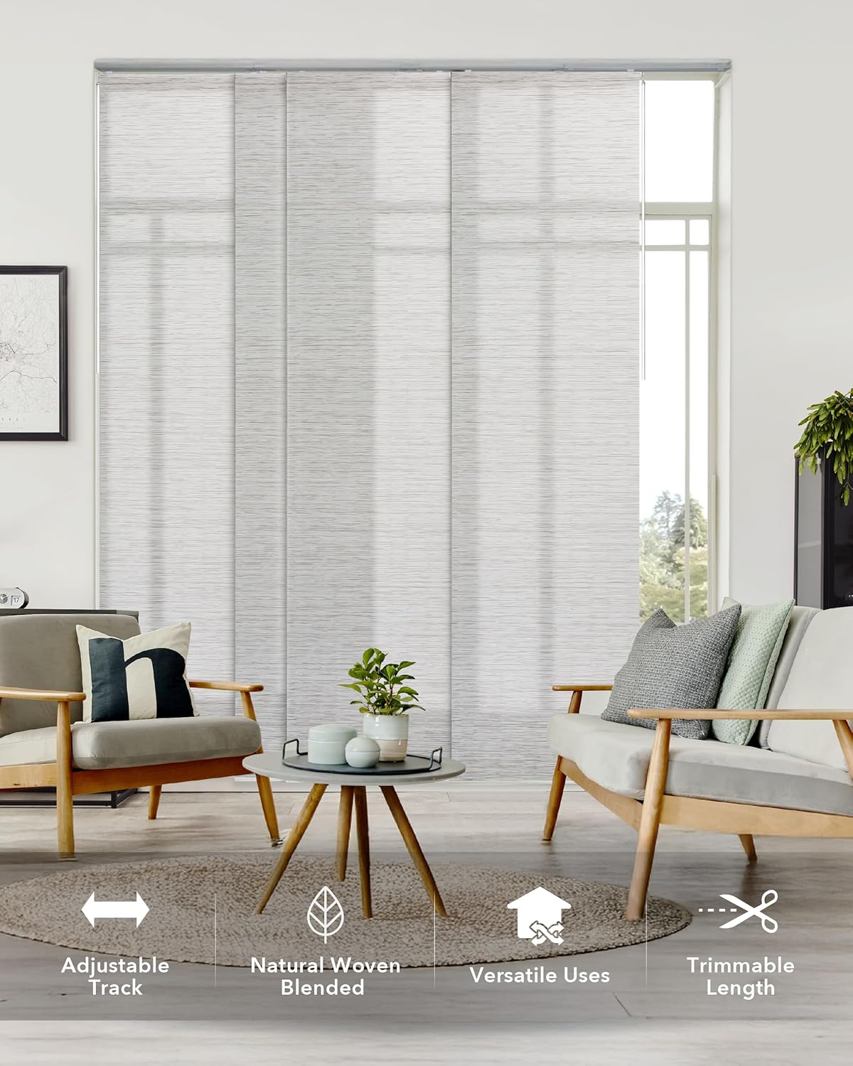 GoDear Design Adjustable Sliding Panel Track Blinds, Vertical Blinds, Room Dividers Walls, Closet Doors, Extendable Track from 45.8" to 86" W, Trimmable Panel Curtains Up to 96" H, Mica