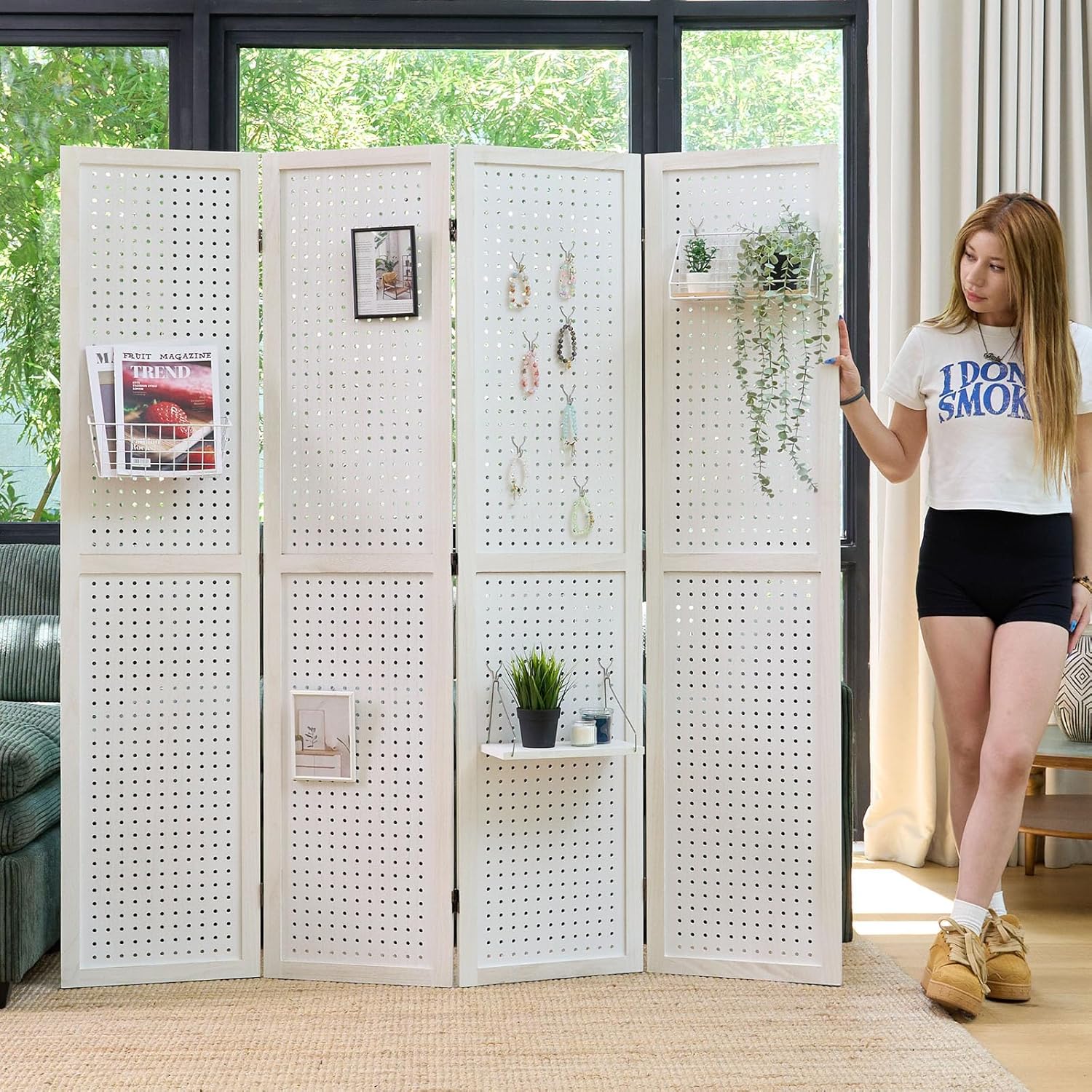 Pegboard Display, 5.6Ft Portable Freestanding Wall Organizer Wooden Room Divider Folding Privacy Screens for Craft Art Display Board (6panels, Natural)