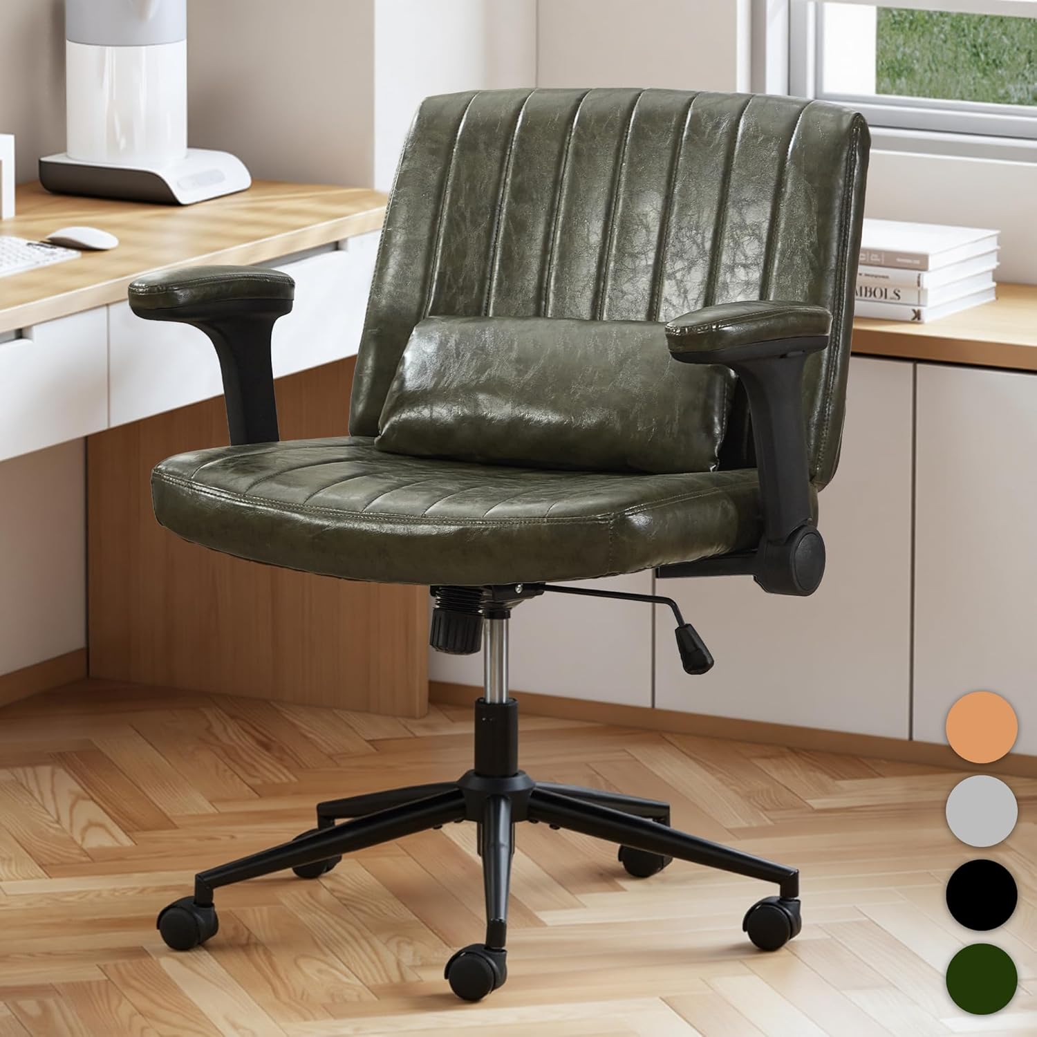 TUNYI Criss Cross Chair with Flip-Up Arms Wide Cross Legged Office Desk Chair Swivel Height Adjustable Computer Task Vanity Chair with Pillow/Wheels for Home Office, Dressing Room (Brown)