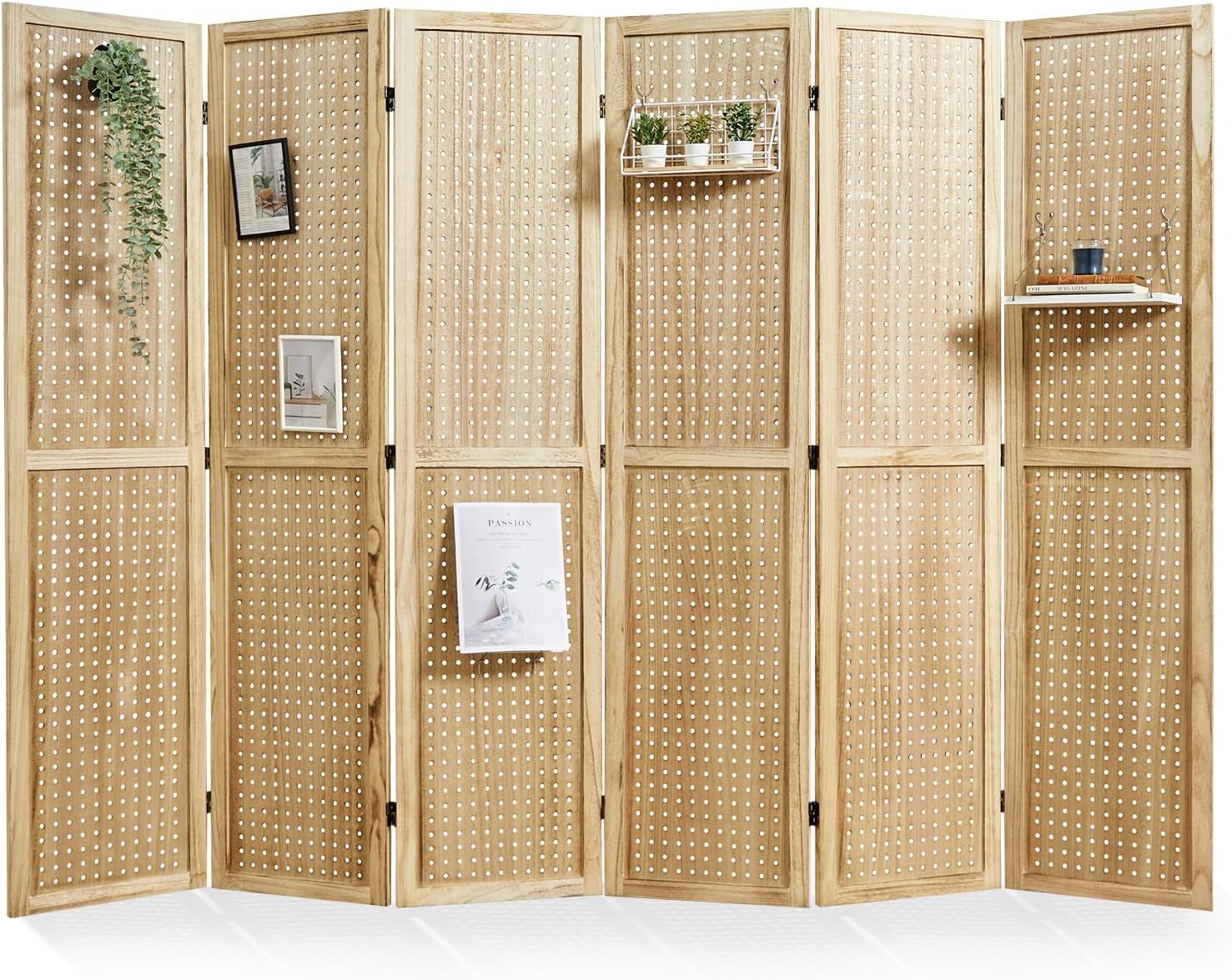 Pegboard Display, 5.6Ft Portable Freestanding Wall Organizer Wooden Room Divider Folding Privacy Screens for Craft Art Display Board (6panels, Natural)