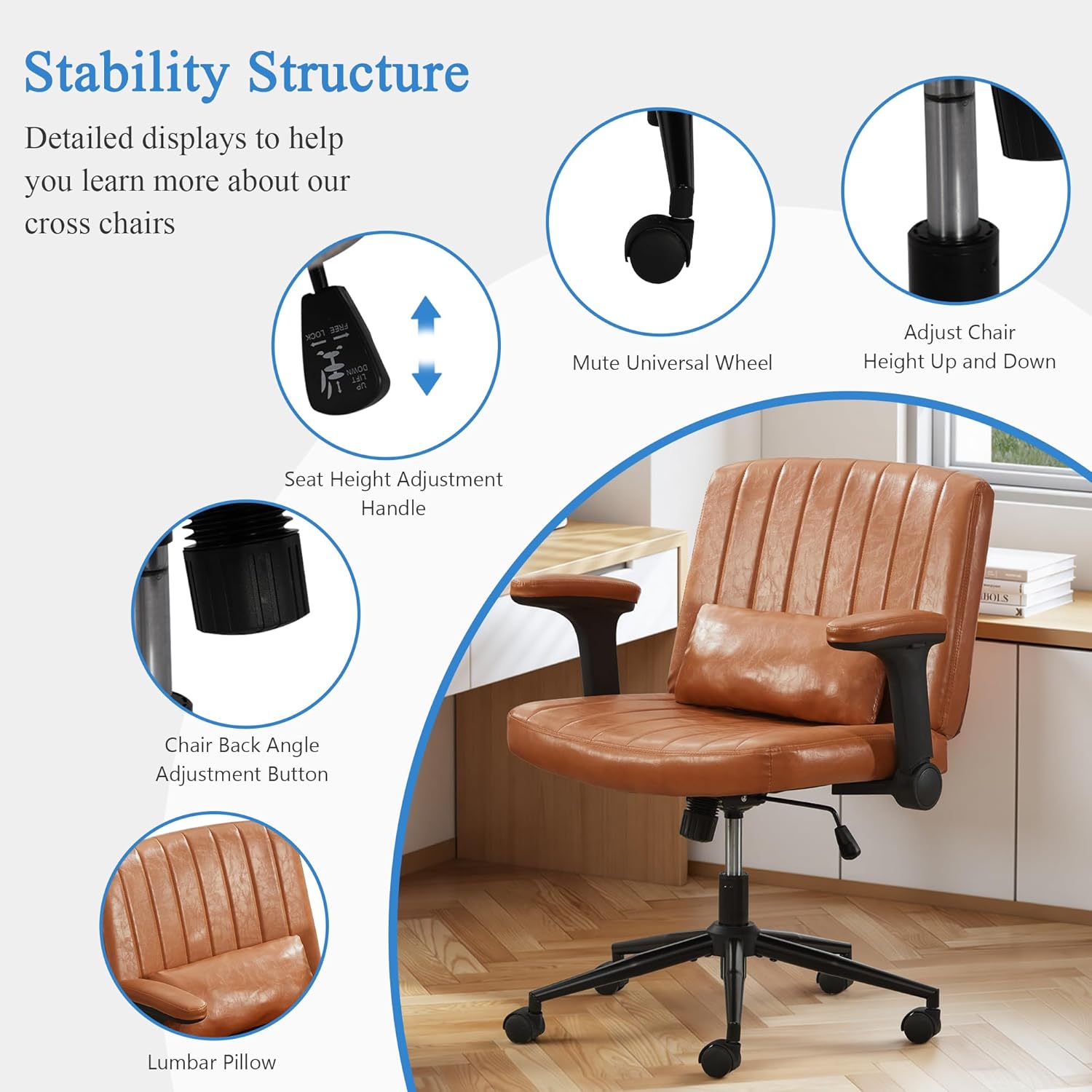 TUNYI Criss Cross Chair with Flip-Up Arms Wide Cross Legged Office Desk Chair Swivel Height Adjustable Computer Task Vanity Chair with Pillow/Wheels for Home Office, Dressing Room (Brown)