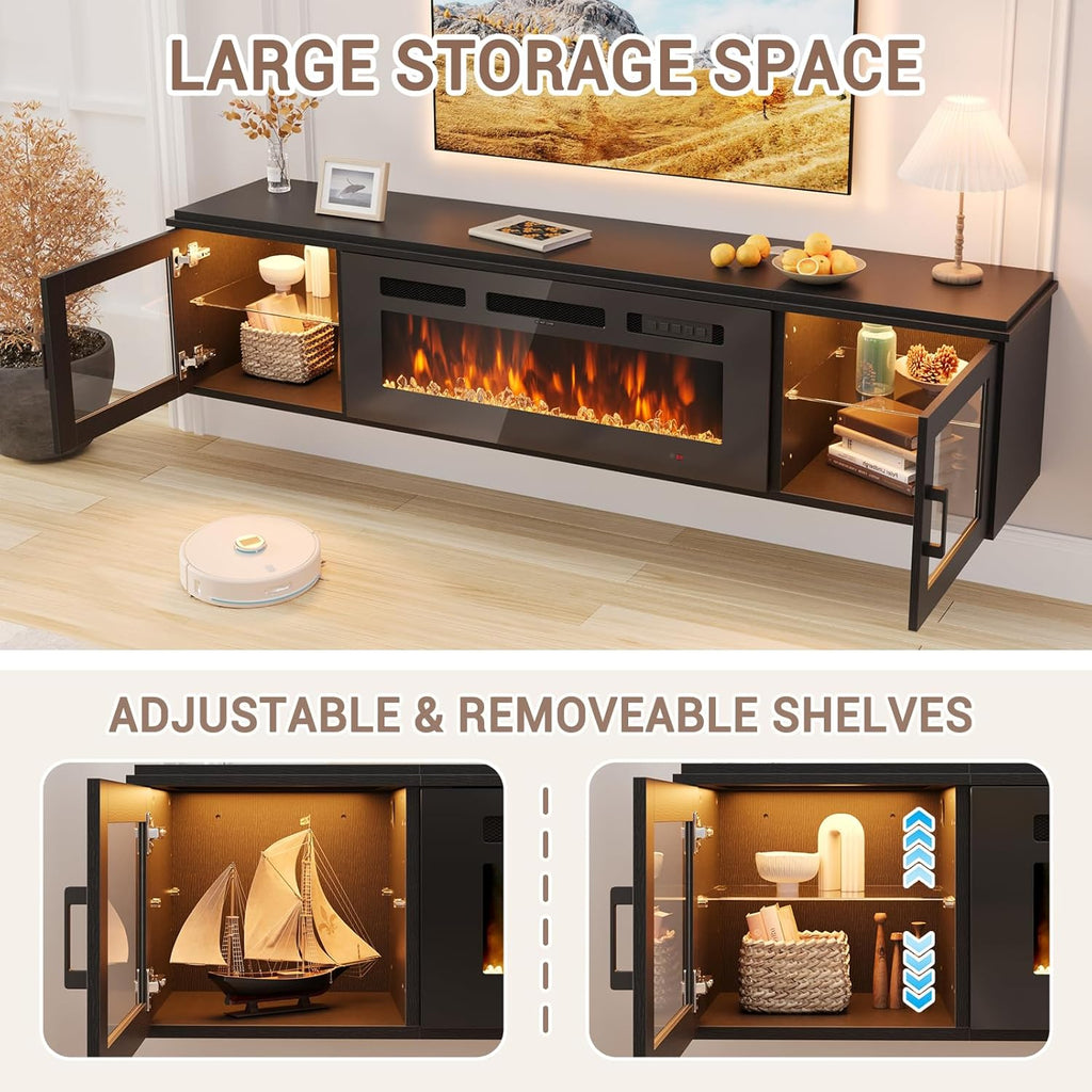 70" Floating TV Stand with 36" Electric Fireplace, High Gloss Finish Wall Mounted Fireplace Entertainment Center with Storage for TVs Up to 80", Black TV Stand and Black Fireplace
