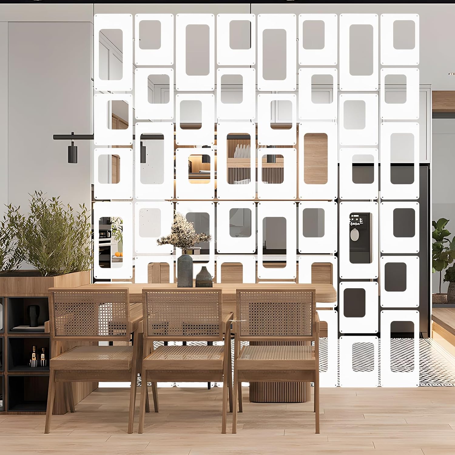 ANMINY 48 PCS Hanging Room Divider Decorative Thick Wall Privacy Screen Panels Set Modern Geometric Pattern Hollow Out Design for Bedroom Living Dining Room Kitchen Office Restaurant Decor - White