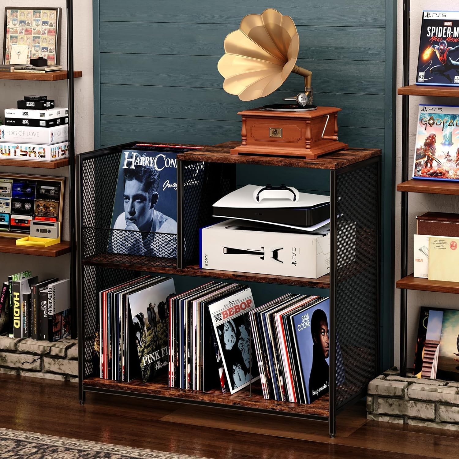 3 Tier Record Player Stand Holds Up to 300 Albums with 4 Adjustable Divider for Turntable Stand, Large Vintage Record Player Table with Vinyl Record Holder Cabinet-Patent Pending