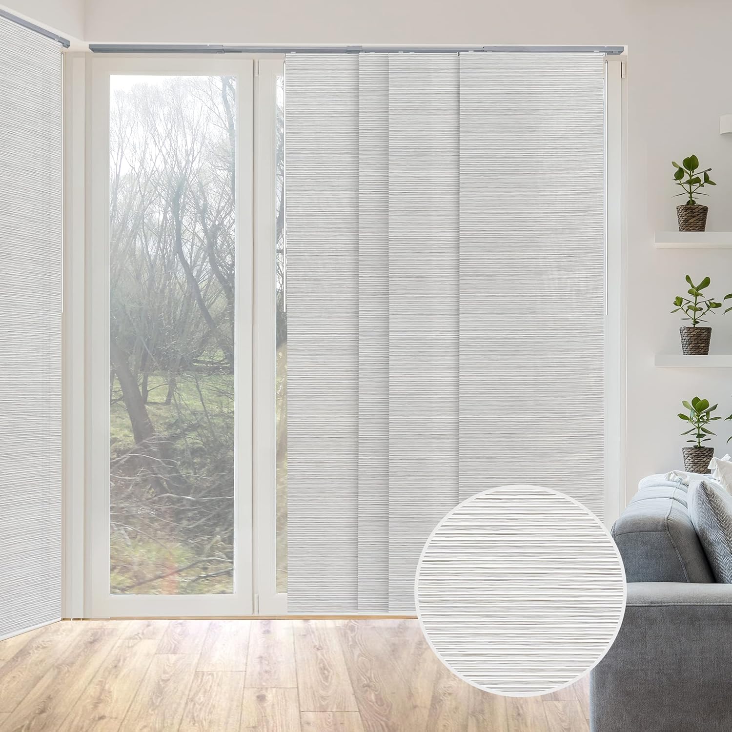 GoDear Design Adjustable Sliding Panel Track Blinds, Vertical Blinds, Room Dividers Walls, Closet Doors, Extendable Track from 45.8" to 86" W, Trimmable Panel Curtains Up to 96" H, Mica