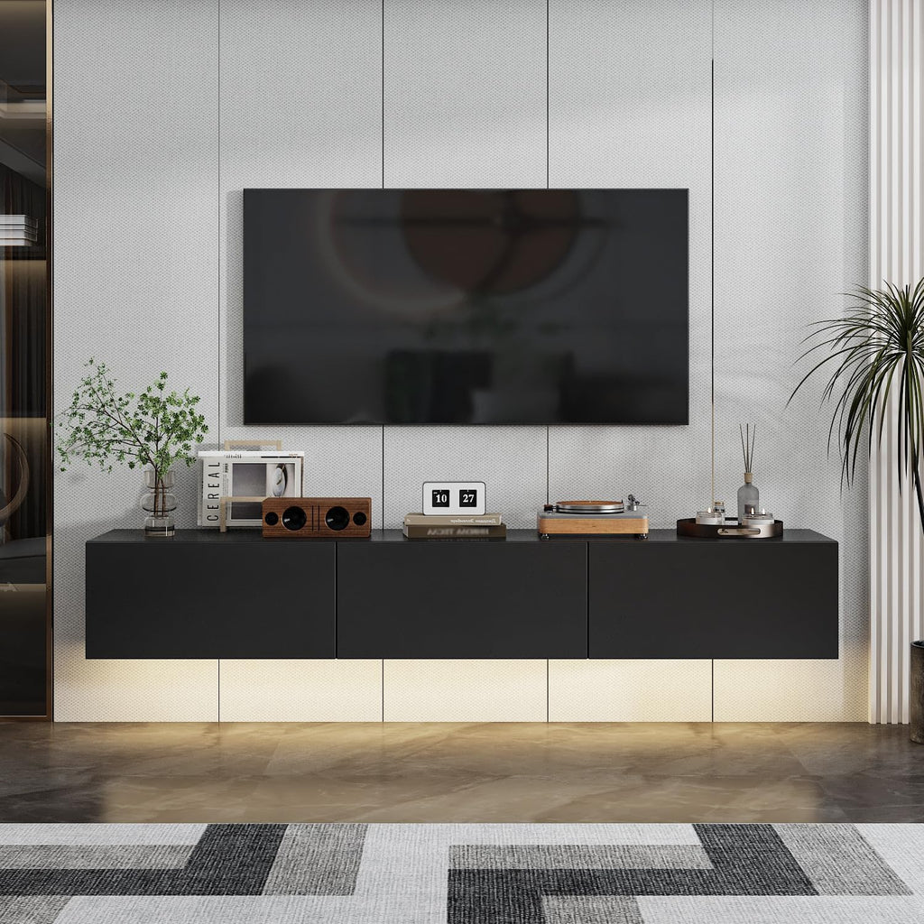 63” Floating TV Stand High Gloss TV Console with LED Lights, Wall Mount TV Console Table with 3 High Gloss Drawers, Floating Media Console for Living Room, Black, 13.8”D x 63”W x 9.8”H