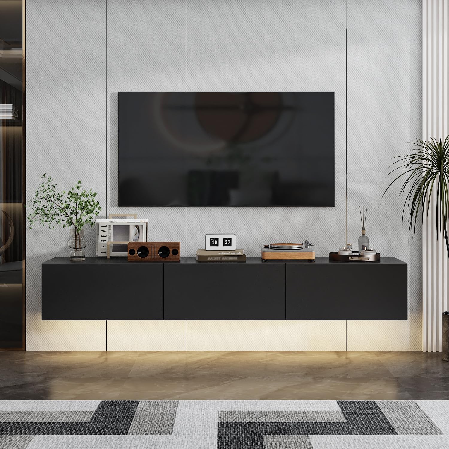 63” Floating TV Stand High Gloss TV Console with LED Lights, Wall Mount TV Console Table with 3 High Gloss Drawers, Floating Media Console for Living Room, Black, 13.8”D x 63”W x 9.8”H