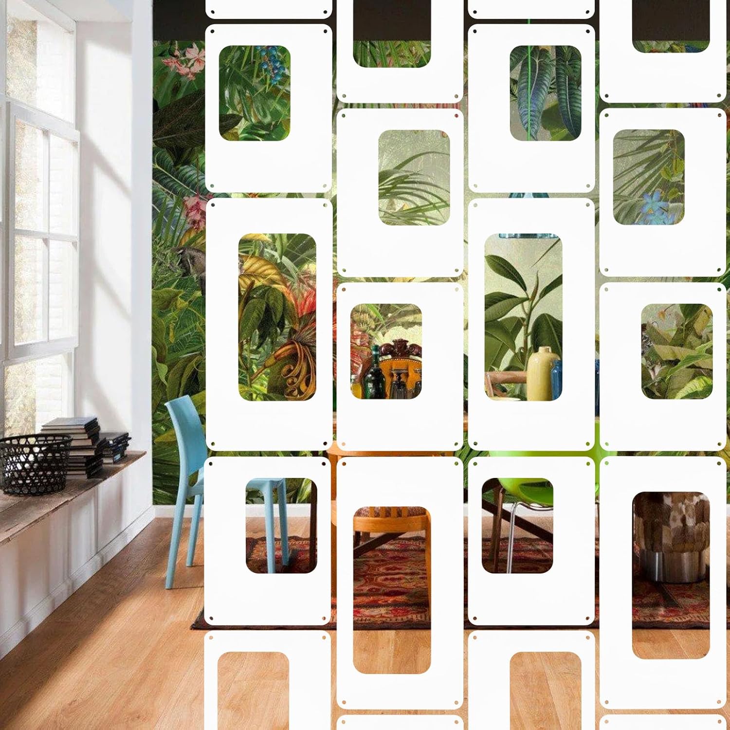 ANMINY 48 PCS Hanging Room Divider Decorative Thick Wall Privacy Screen Panels Set Modern Geometric Pattern Hollow Out Design for Bedroom Living Dining Room Kitchen Office Restaurant Decor - White