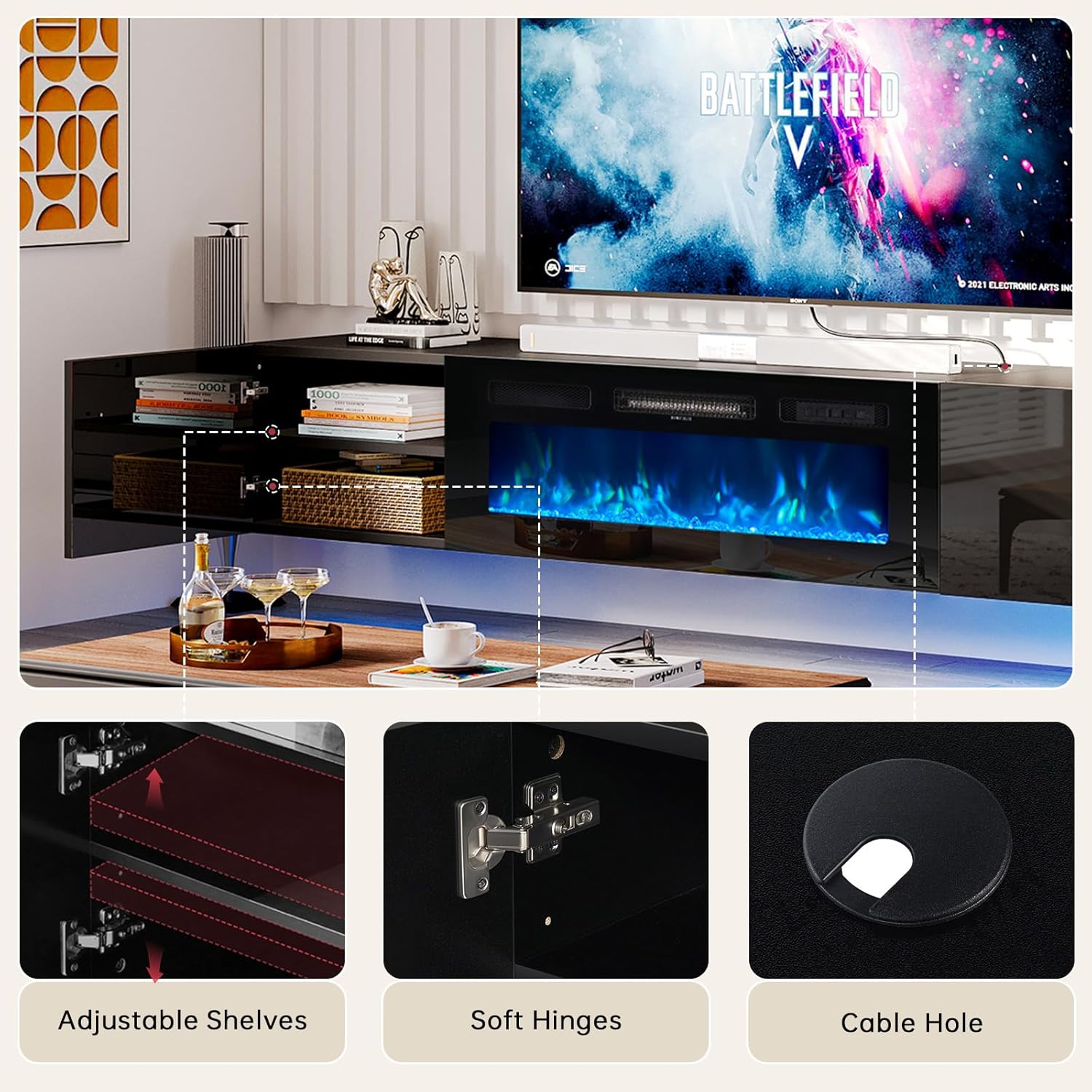 oneinmil 70" Floating TV Stand with 36" Electric Fireplace, Wall Mounted Fireplace Entertainment Center with Storage, Fire Place TV Console for Living Room, All Black