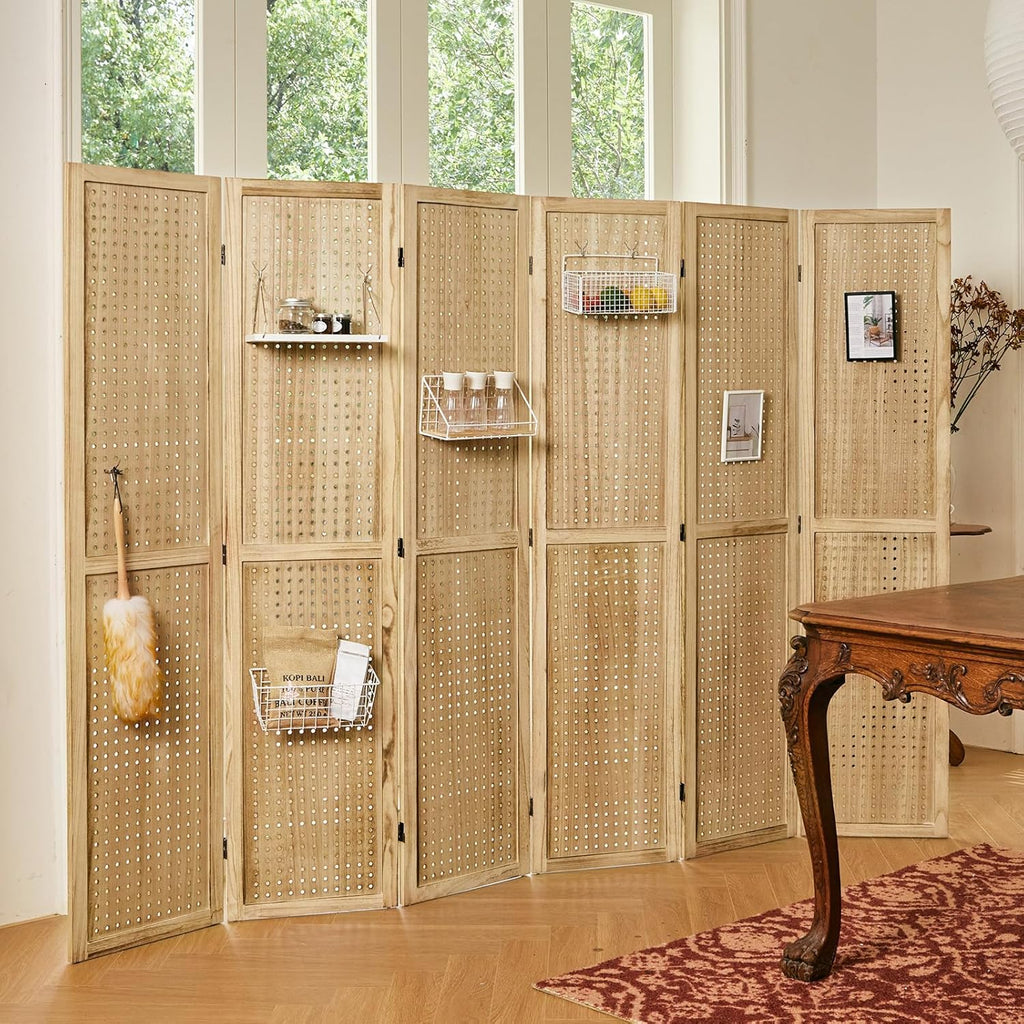 Pegboard Display, 5.6Ft Portable Freestanding Wall Organizer Wooden Room Divider Folding Privacy Screens for Craft Art Display Board (6panels, Natural)