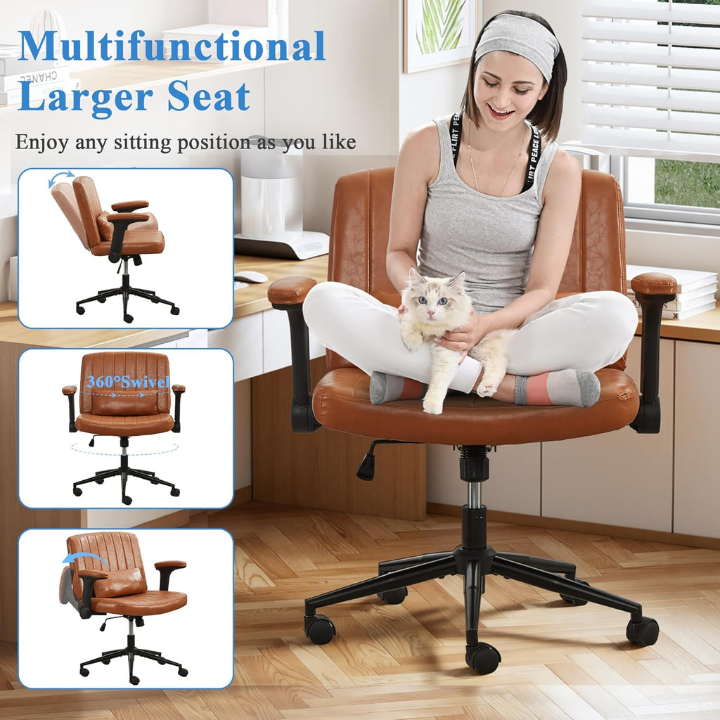 TUNYI Criss Cross Chair with Flip-Up Arms Wide Cross Legged Office Desk Chair Swivel Height Adjustable Computer Task Vanity Chair with Pillow/Wheels for Home Office, Dressing Room (Brown)