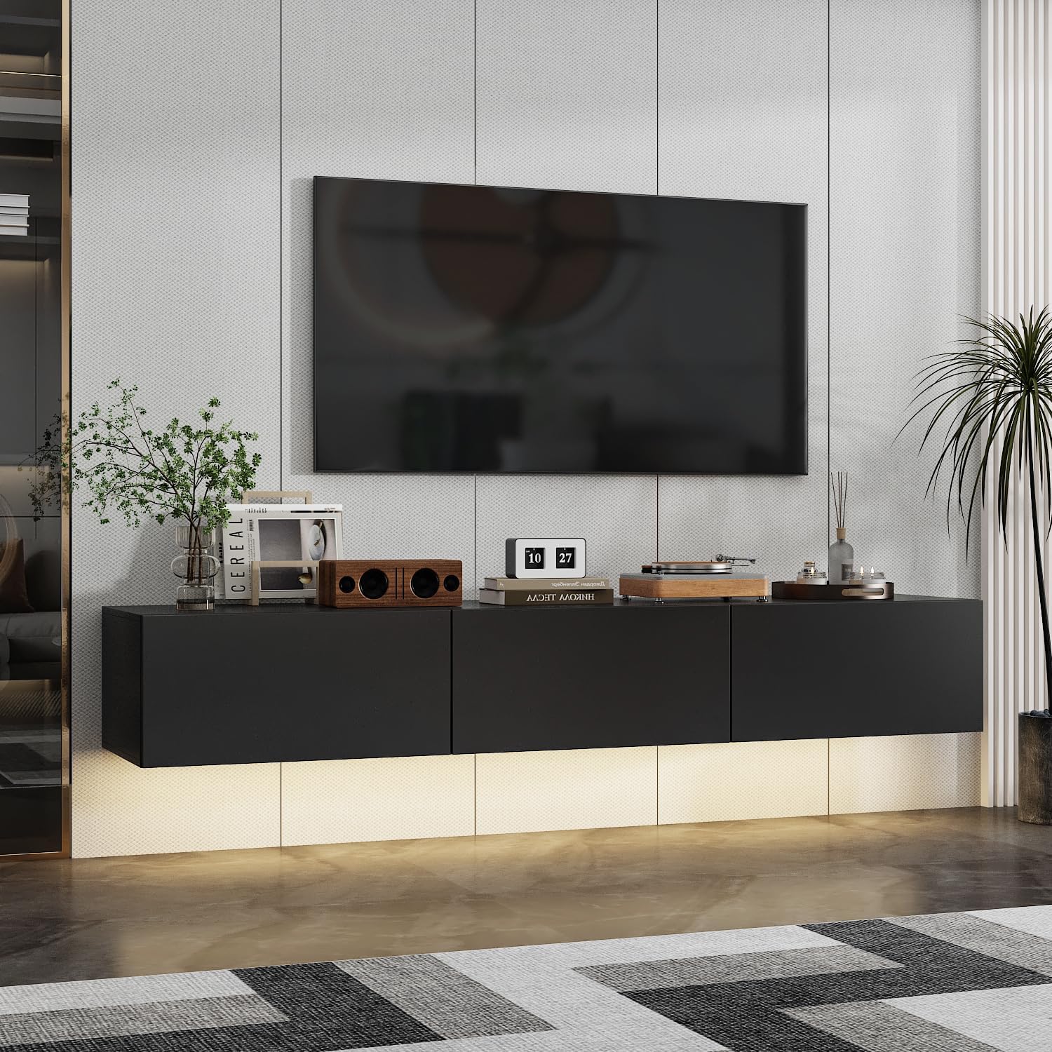 63” Floating TV Stand High Gloss TV Console with LED Lights, Wall Mount TV Console Table with 3 High Gloss Drawers, Floating Media Console for Living Room, Black, 13.8”D x 63”W x 9.8”H