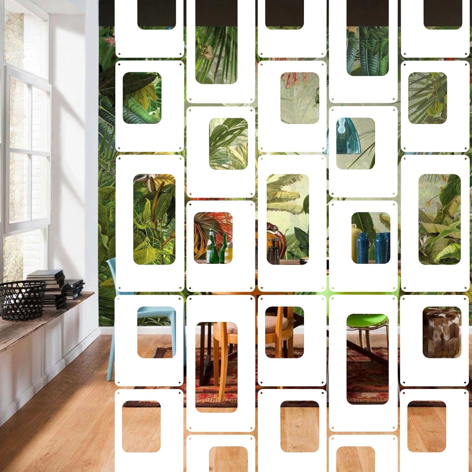 ANMINY 48 PCS Hanging Room Divider Decorative Thick Wall Privacy Screen Panels Set Modern Geometric Pattern Hollow Out Design for Bedroom Living Dining Room Kitchen Office Restaurant Decor - White