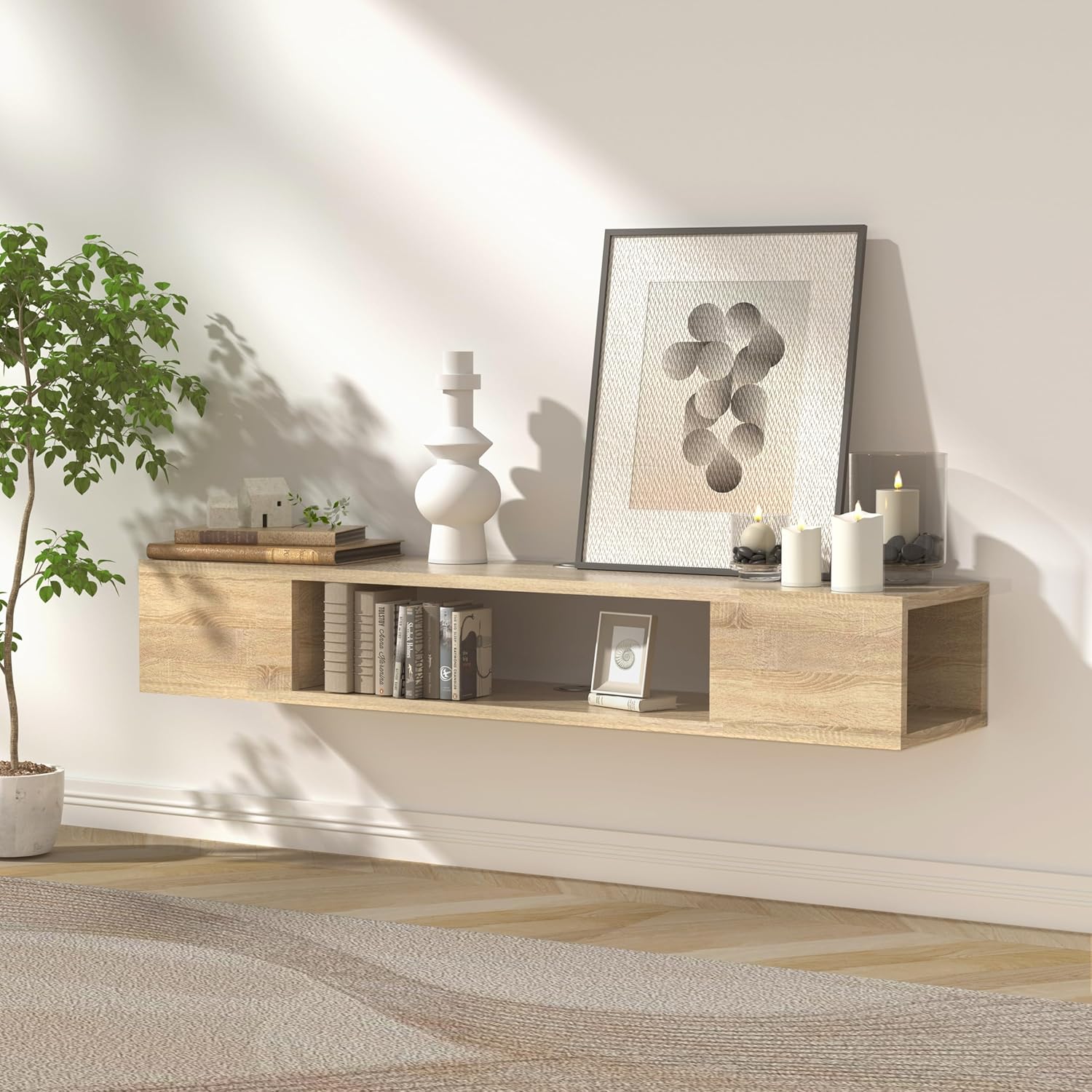 GHC Floating TV Stand, Wall Mounted Entertainment Center and Cabinet Shelf, TV Console with Storage, Media Console for DVD Player, Space-Saving Under TV Shelf for Living Room (Natural Oak)