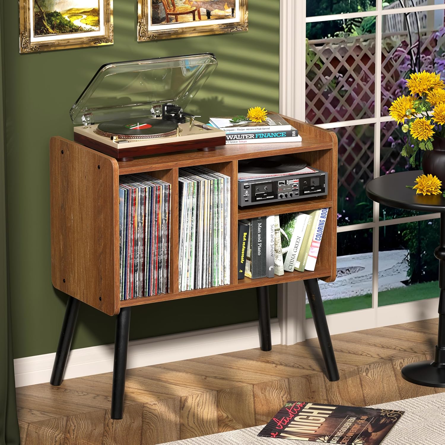 Record Player Table, Mid-Century Record Player Stand with Vinyl Storage Hold Up to 150+ Albums, Vinyl Record Cabinet with Adjustable Shelves, Wood Turntable Stand for Music Living Room (Oak)